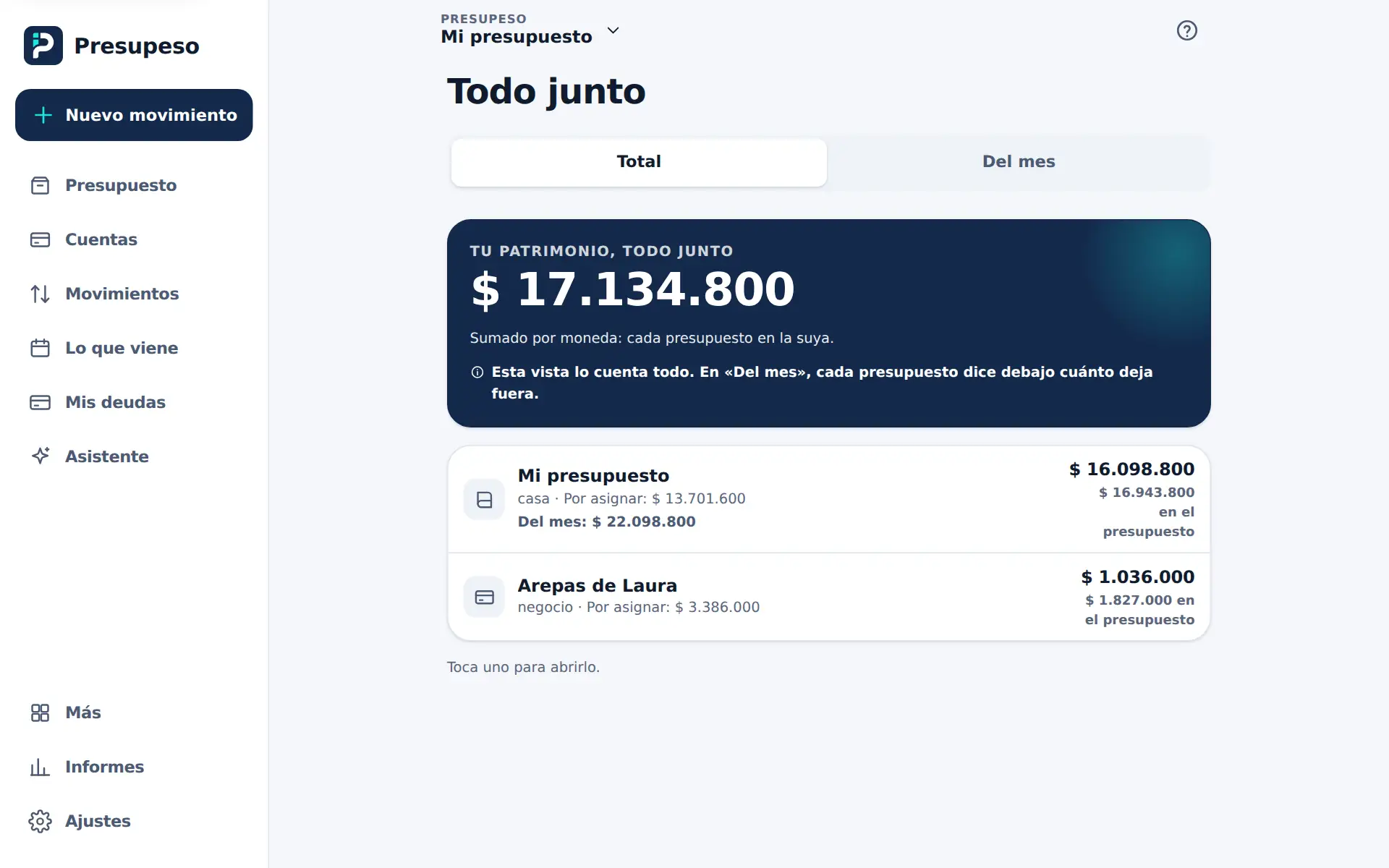 Todo junto: el patrimonio total arriba y, debajo, la casa y un negocio con su patrimonio, su plata en el presupuesto y su Por asignar