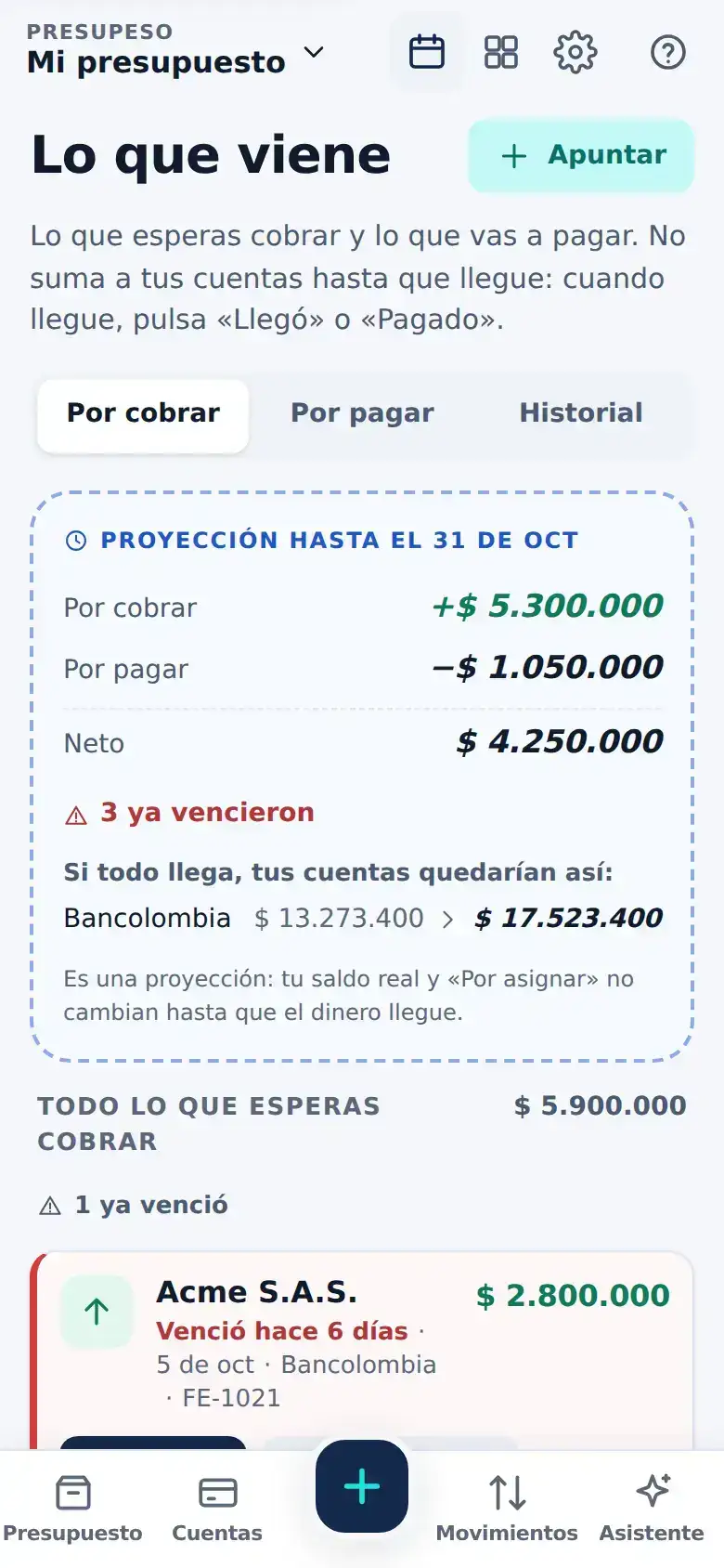 La pantalla de «Lo que te deben, apuntado» en Presupeso