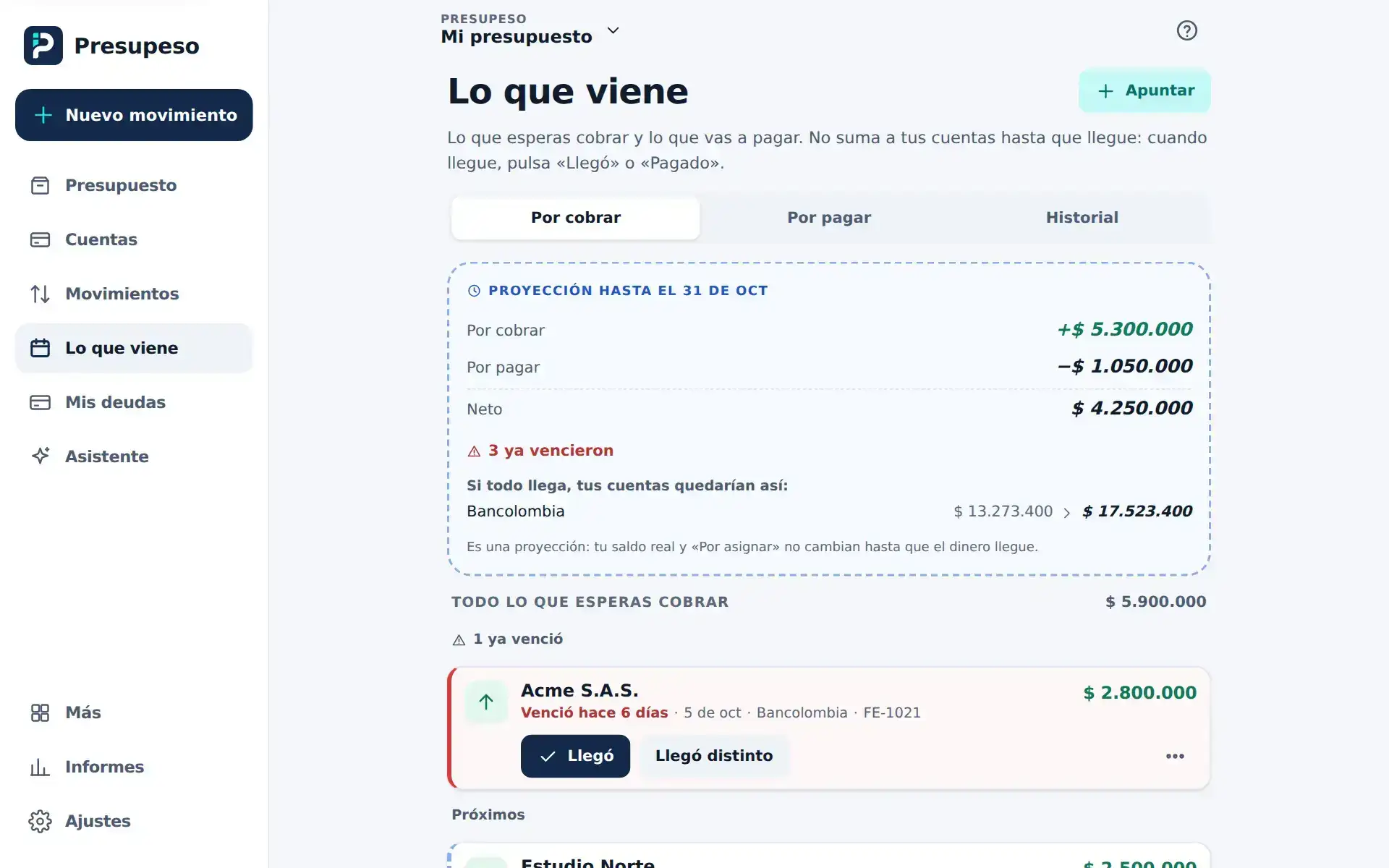 Lo que viene, en Por cobrar: la proyección del mes y cada factura con sus botones