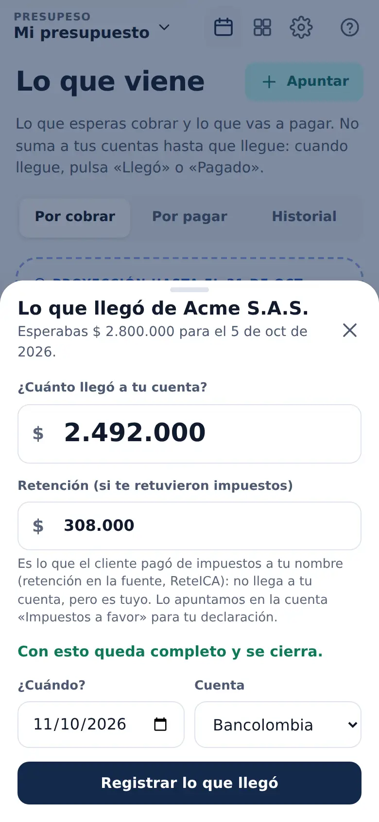 La pantalla de «Si llegó otra cifra, también» en Presupeso