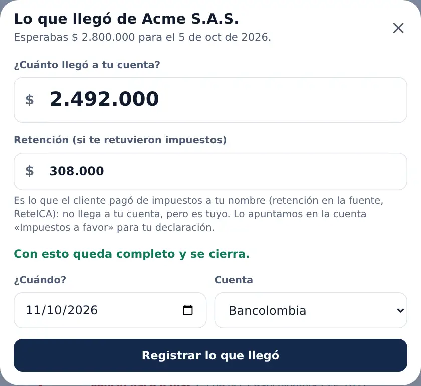 La hoja Llegó distinto: lo que llegó a la cuenta, la retención y si la factura se cierra