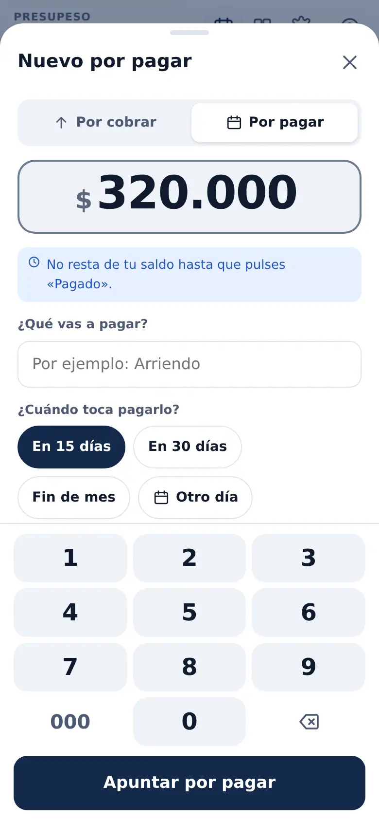 La pantalla de «Lo apuntas una vez, se repite solo» en Presupeso