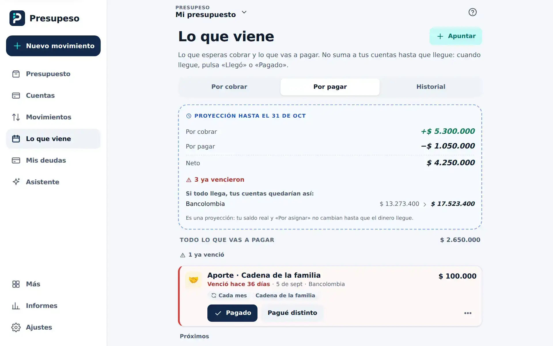 La pestaña Por pagar: un aporte vencido en rojo, con sus botones Pagado y Pagué distinto